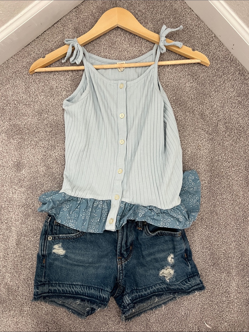 kate quinn Light Blue Ribbed Button Tank with Floral Ruffle